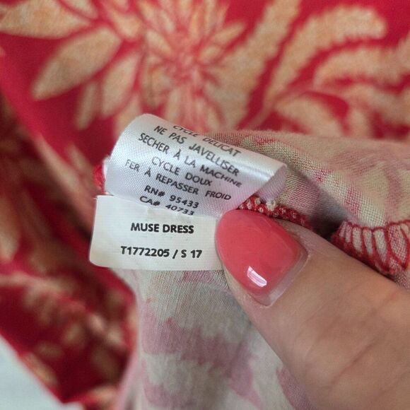 Toad & Co Muse Dress Size XS Red Ruched Side Tie Midi Stretch V-Neck Leaf Print - Picture 7 of 8